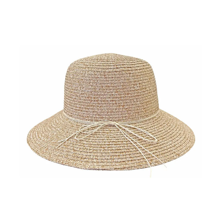 Lacey Bucket Sun Hat Beige straw hat with a ribbon on a white background