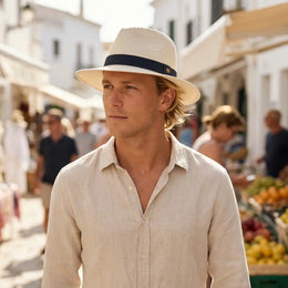 Man wearing a House of Ord flexibraid sun hat and light shirt in an outdoor market setting